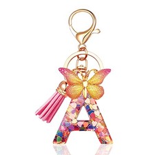 JINGUAZI Initial letter Keychains for Women Tassel Butterfly Pink Purple A-pink