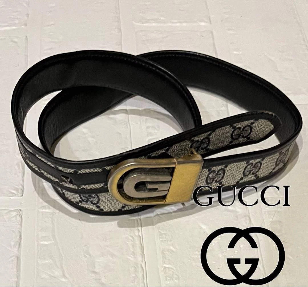 Ceinture Gucci motif GG vintage bleu marine noir logo cuir véritable du Japon y6849
