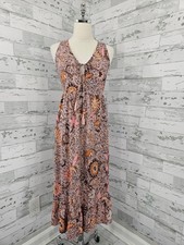 Madewell Batik Floral Lace Up Tassel Midi Dress Pink Orange Size 0 Sleeveless