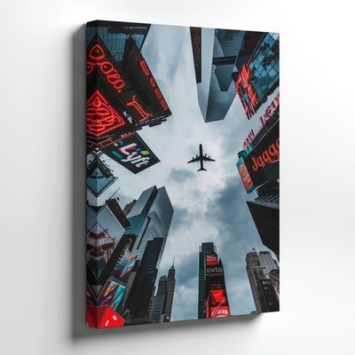 Wall Art City Skyscraper Airplane Overhead Neon Billboard Urban Photo Print