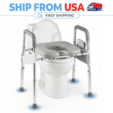 Adjustable Raised Toilet Seat with Padded Armrests Storage Bag for Seniors 300lb