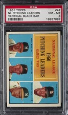 1961 TOPPS VERT BLACK BAR #47 NL PITCHING LEADERS PSA 8