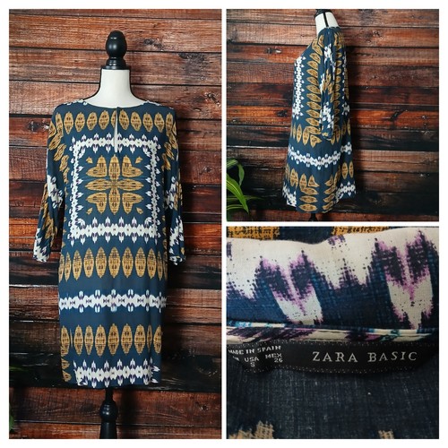 Zara Basic Tunic Top Size Small Boho Print Viscose Button Top 3/4 Sleeves Hippie