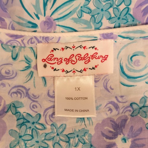 Lanz Of Salzburg Nightgown Size 1X Blue Purple Floral Short Sleeve Button Pocket - Picture 5 of 6