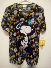 Cherokee Tooniforms Peanuts Snoopy Floral V-Neck Medical Scrub Top Size Medium