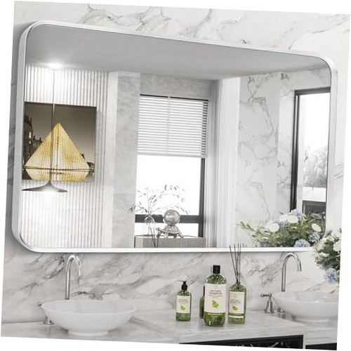 Brushed Nickel Bathroom Wall Mirror, Silver Metal Framed Large Rounded Corner
