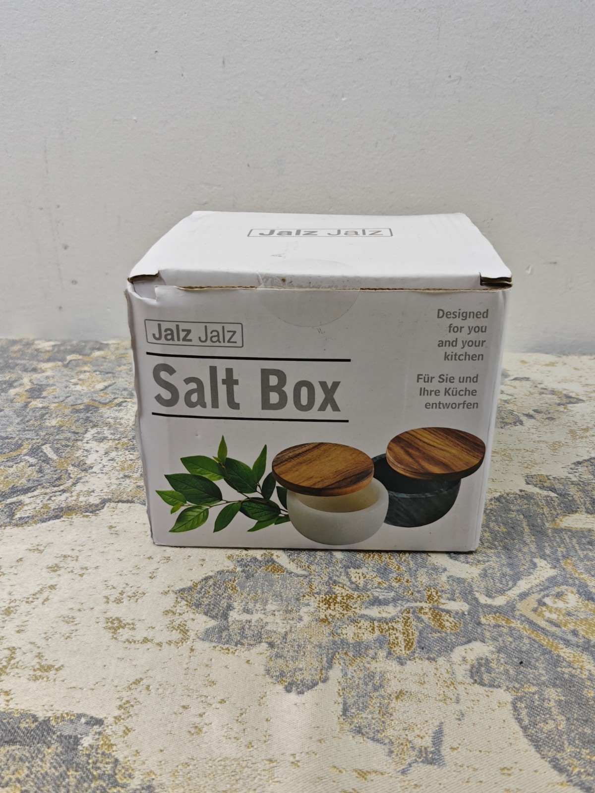 Jalz Salt Box Spice Pinch Pot Black Marble Base Wood Cover Pepper Canister Salt