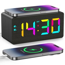 Wooden Digital Alarm Clock with Fast Wireless Charger, Dual USB Charging Port...