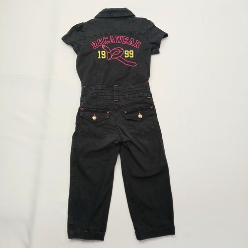 Rocawear Jumpsuit Black Denim Girls Size 5y Button Collar S/s Patches - Picture 12 of 21