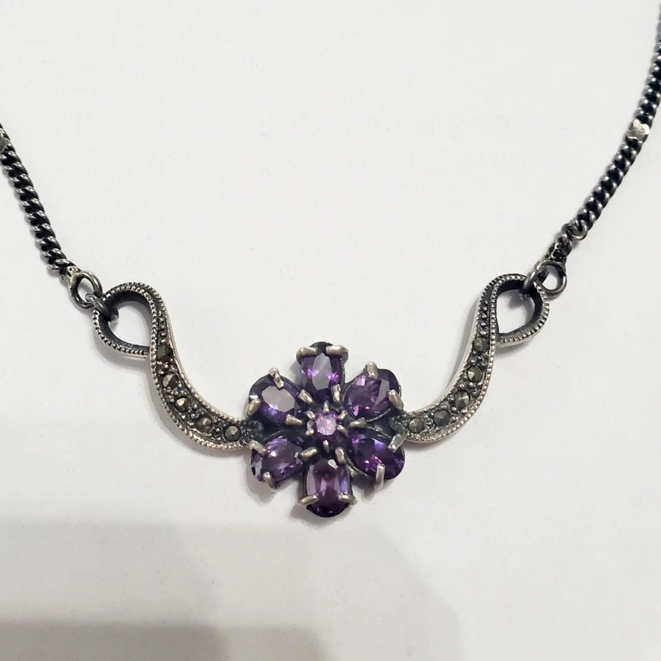 Antiguo collar floral púrpura amatista collar negro de plata de ley Foto 3 de 4