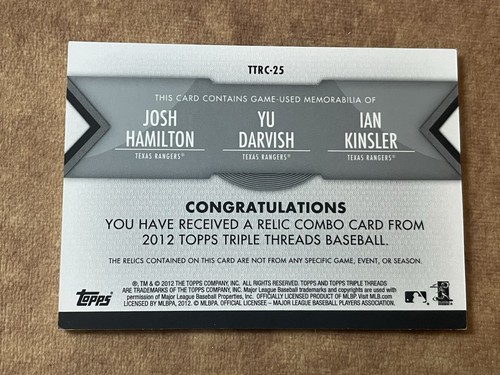2011 Topps Triple Threads Relics /36 Yu Darvish Ian Kinsler Josh Hamilton Texas - Picture 4 of 5