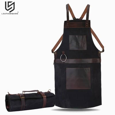 Gewachste schwarze Leder Canvas Schürze und Rolle Geschenkset