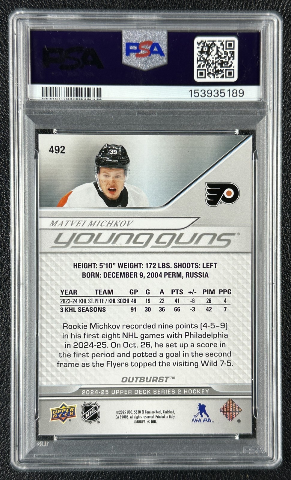 MATVEI MICHKOV PSA 9 2024-25 UPPER DECK #492 OUTBURST SILVER YOUNG GUNS RC 5189 view 2