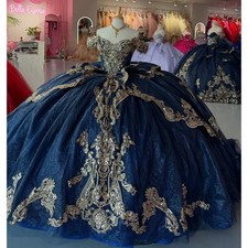 Navy Blue Princess Quinceanera Dress Glitter Flower Lace Prom Ball Gown Sweet 16