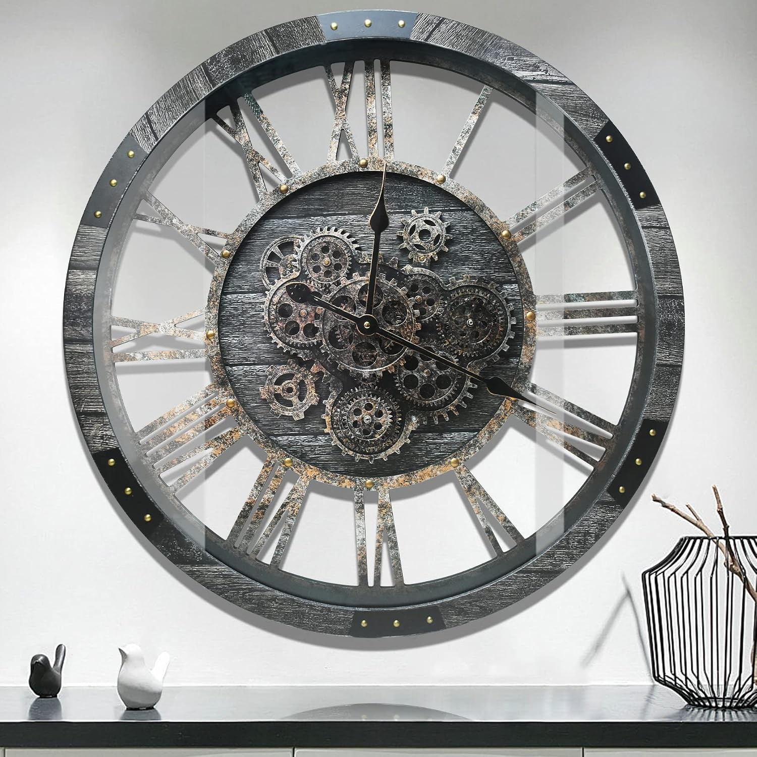 27" Large Moving Gears Wall Clock with Toughened Glass Carbon Grey Giant