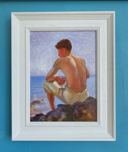 Pintura al óleo original Estudio después de Henry Scott Tuke, Cornwall joven hombre enmarcado. - Imagen 2 de 5