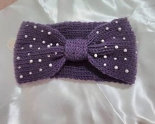 Purple Knit Pearl Rhinestone Headband Cozy Winter Ear Warmer Soft Hair Band