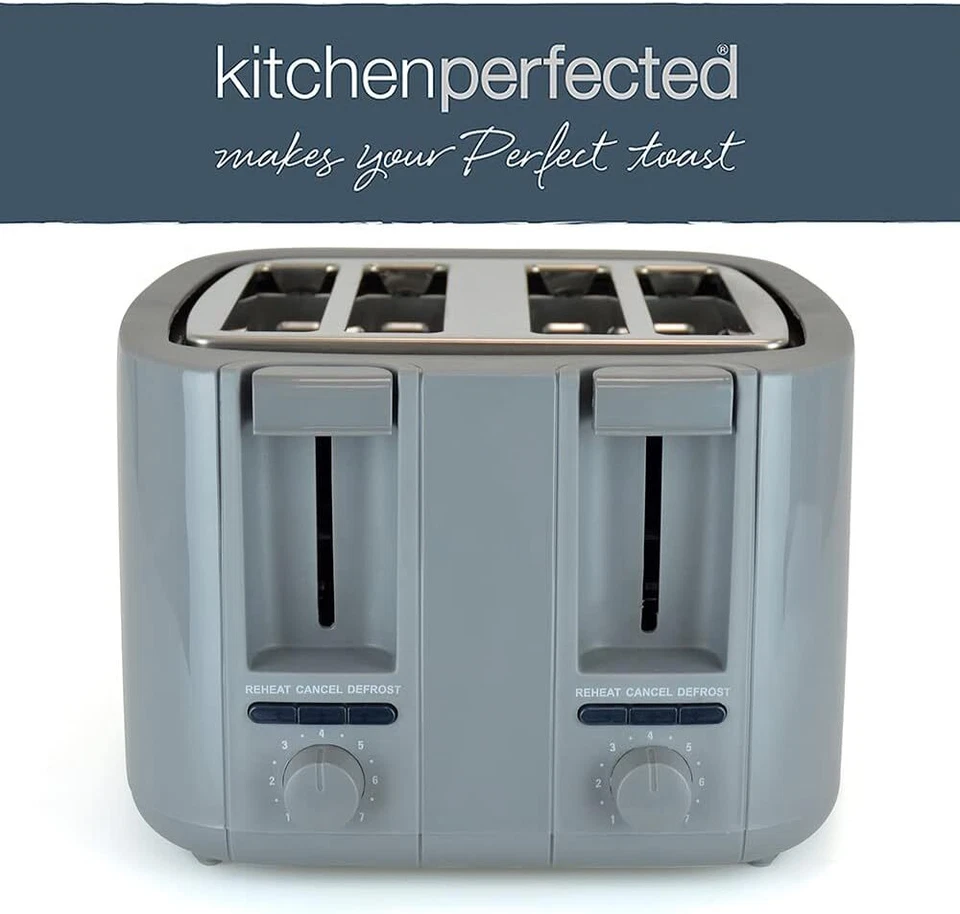 Grey 4 Slice Toaster Wide Slot 7 Browning Settings Defrost Reheat High Lift - Image 2 of 4