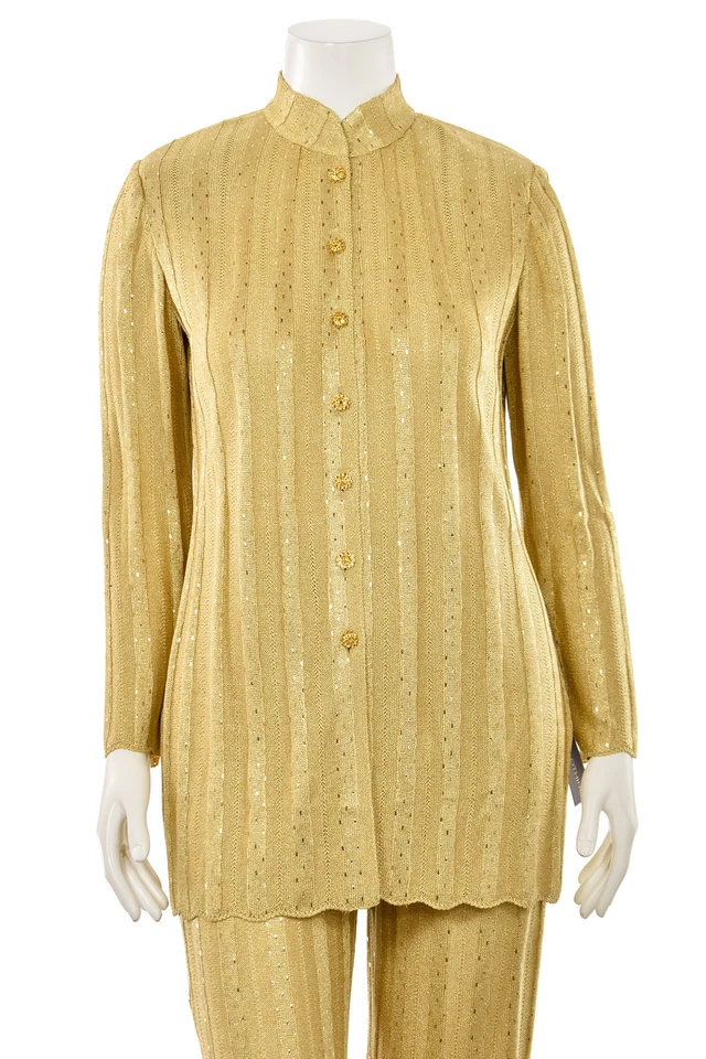 St John Couture 2Pc Gold Metallic Paillette Evening Tunic Jacket Pantsuit sz 8/6 - Image 3 of 4