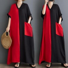 Summer Literary Loose Fit V-neck Short Sleeve Womens Patchwork Pockets Dress New