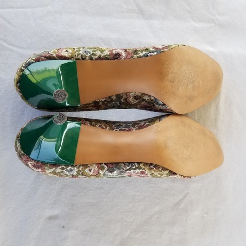 Vintage Heels Pumps Floral Tapestry Green Patent Trim Womens 7-1/2 Bellecraft - Picture 9 of 18