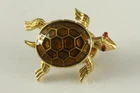 Vintage Signed Costume Jewelry TRIFARI Gold Tone Brown Enamel TURTLE Brooch Pin