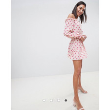 PrettyLittleThing Beige & Pink Polka Dot Bardot Tie Waist Shift Mini Dress 2