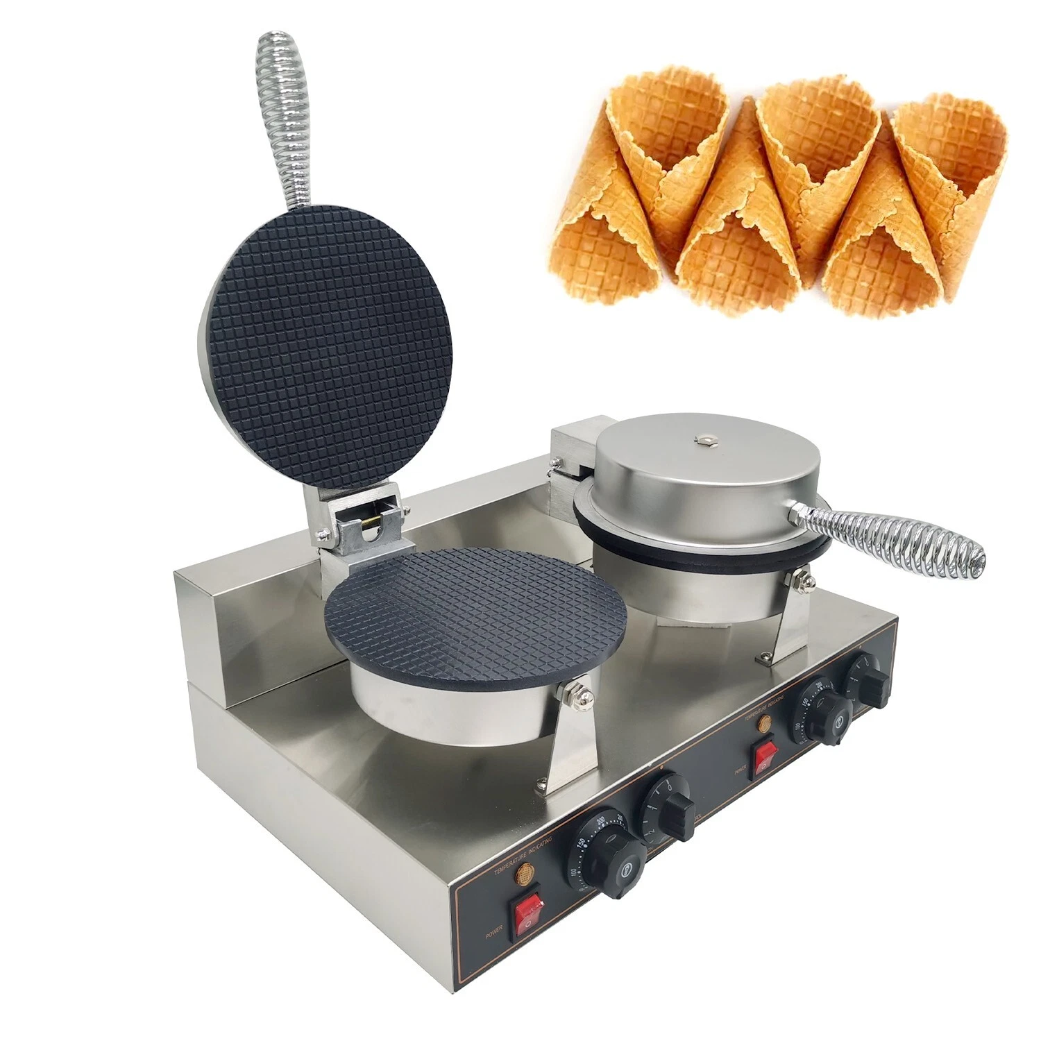 Ice Cream Waffle Cone Making Machine Double-head Waffle Maker 8.3" Pan w/ Mold