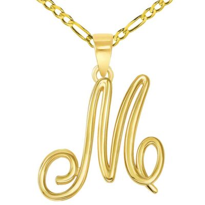 14k Yellow Gold Letter M Cursive Pendant with Figaro Chain Necklace | eBay
