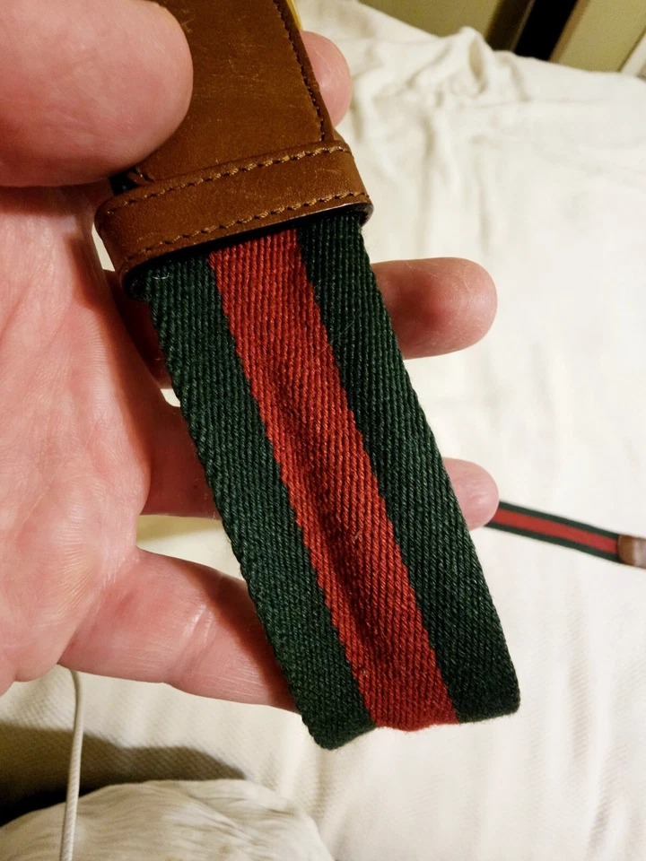 Cinturón Gucci GG Tono Dorado Logo Hebilla Rojo/Verde Tela/Cuero Marrón XRare Hecho a Mano Foto 3 de 4