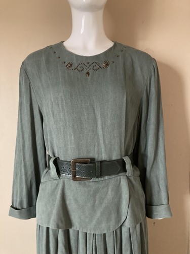 Vtg Hampton Dress Co. Olive Green Belted Beaded Dress Size 8 S/M 80s 90s - 第 2/10 張圖片