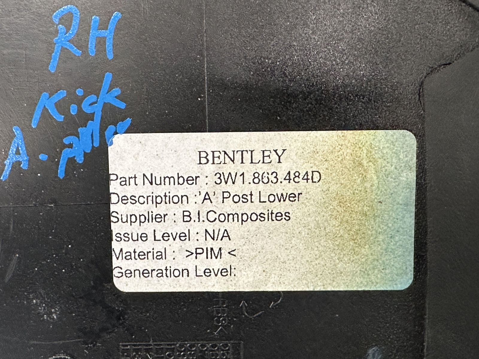 11-18 BENTLEY CONTINENTAL GT RIGHT RH A POST LOWER TRIM PANEL BLACK 3W1863484D