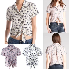 Women's Star Print Crop Button Up Top Short Sleeve Summer S M L