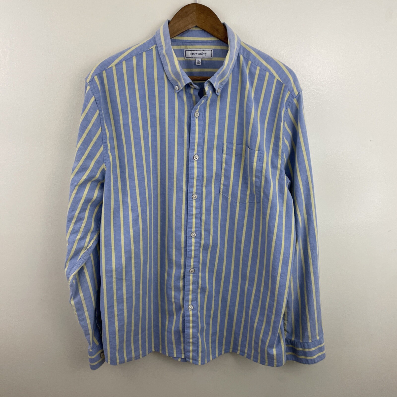 Crown & Ivy Shirt Mens XL Blue & Yellow Striped Long Sleeve Button Down Stretch