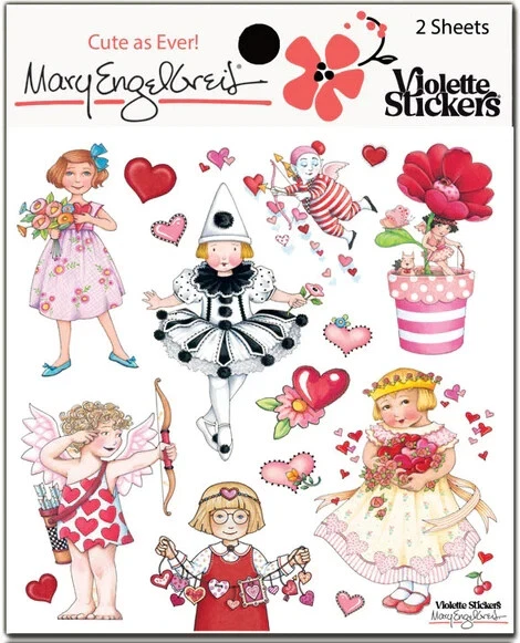 VIOLETTE STICKERS Mary Engelbreit Stickers 2 Sheets Whimsical Valentine Hearts Bow Arrow Ballerina
