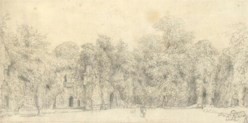 Late 19th Century Graphite Drawing - Fountain Court, Ryland Castle