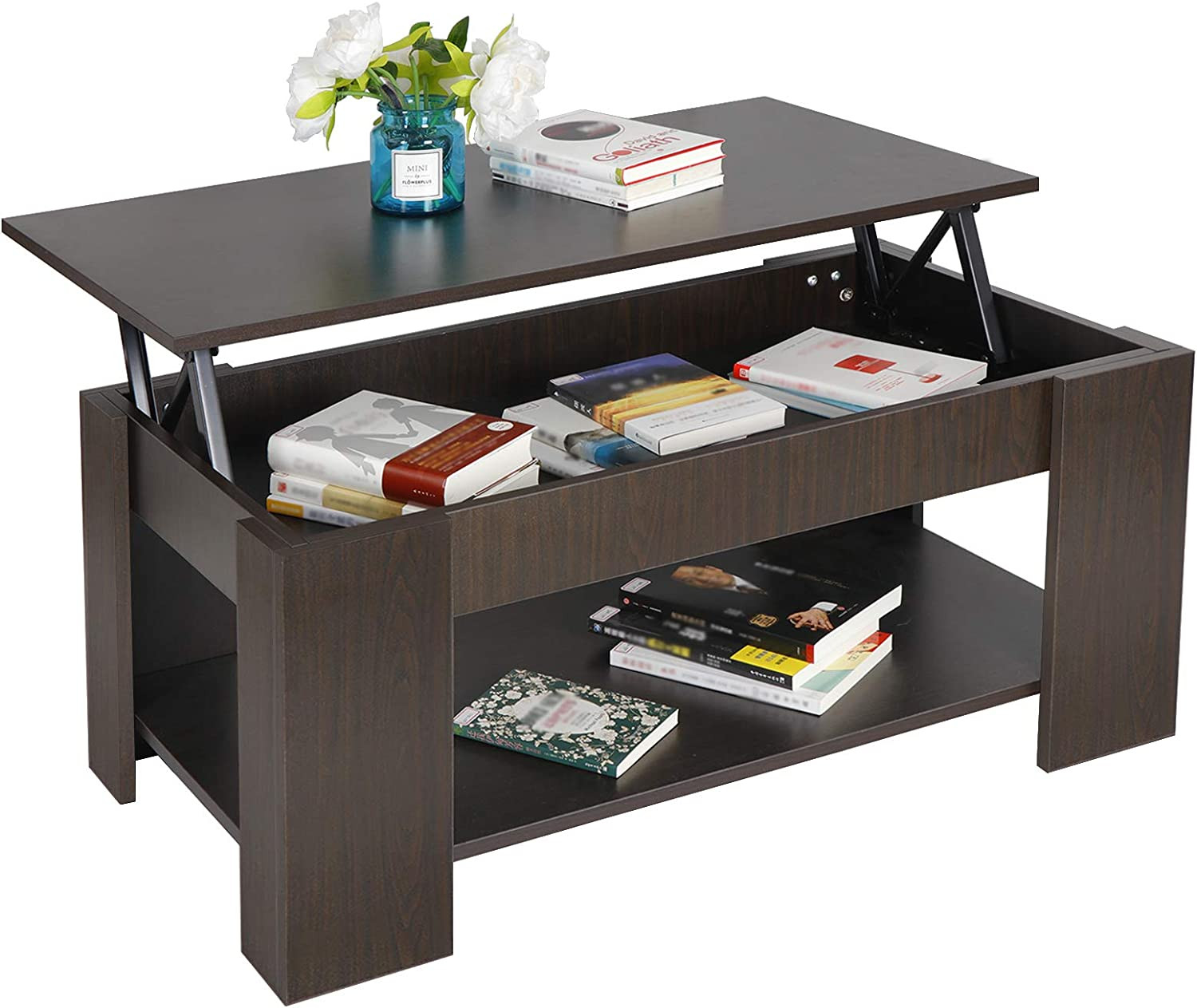 Lift Top Coffee Table with Hidden Compartment and Storage Shelves Modern Furnitu