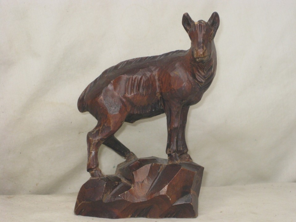 missing horns vintage mountain goat ram sheep carved art statue wood