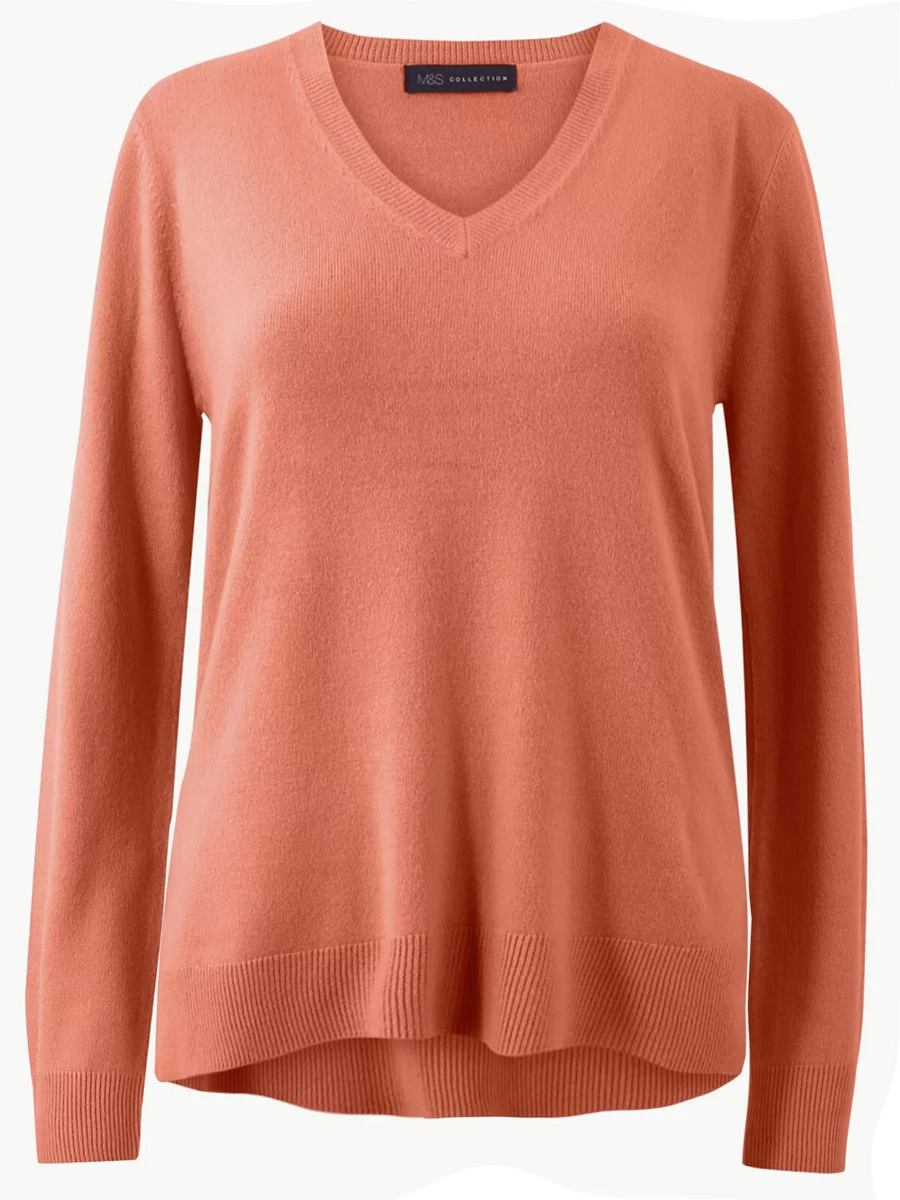 EX M S Fine Knit Square Cut Cashmilon V Neck Jumper with Split Hem Detail