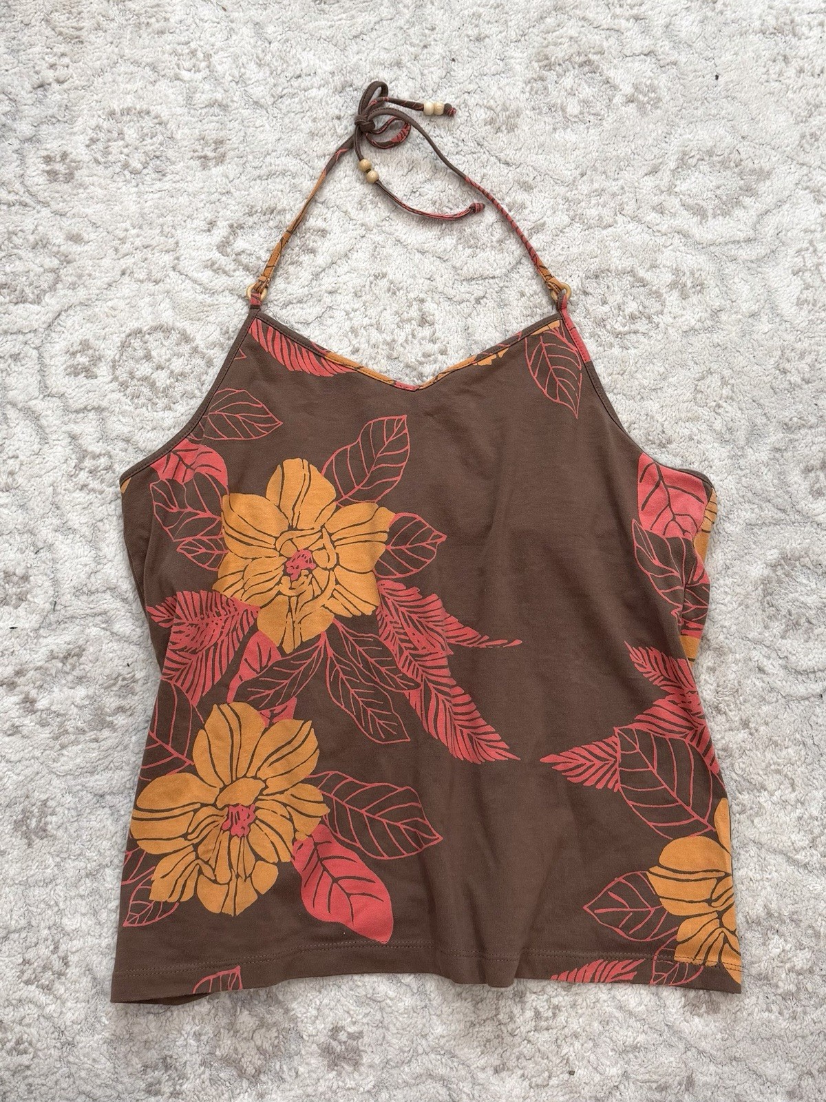 Vintage Y2K Old Navy Halter Top Brown Floral Hibiscus Babydoll Beaded Ties XL