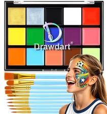 Drawdart 15 Color Face Body Paint Kit with 10 Brushes for Parties, Cosplay