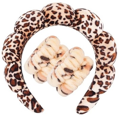  Spa Headband for Washing Face Wristband Set Sponge ZFG Gold Velvet Leopard 1