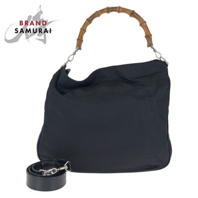 Excellent condition GUCCI Bamboo 2way Black Silver hardware Nylon Leather 001 34