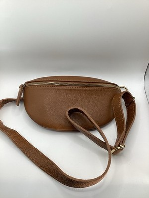 Divas Bag Brown Pebbled Crescent Belt Bag Gold Hardware Crossbody Zip Closure