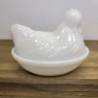 Vtg White Milk Glass Small Hen On Nest Dish Lidded Chicken Easter Farmhouse 4.5"