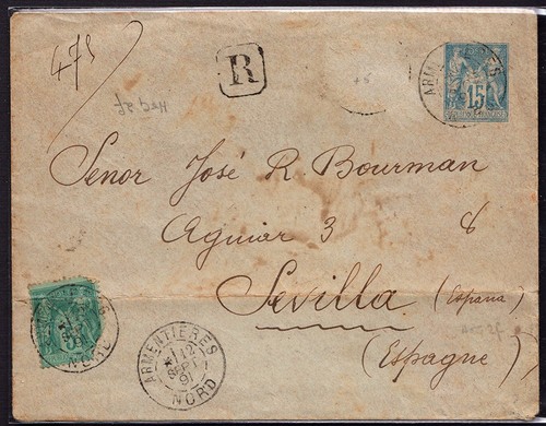 Francia 1891 Busta 15c Pace e Commercio PS (H&G2C) aggiornata a 20c alla Spagna