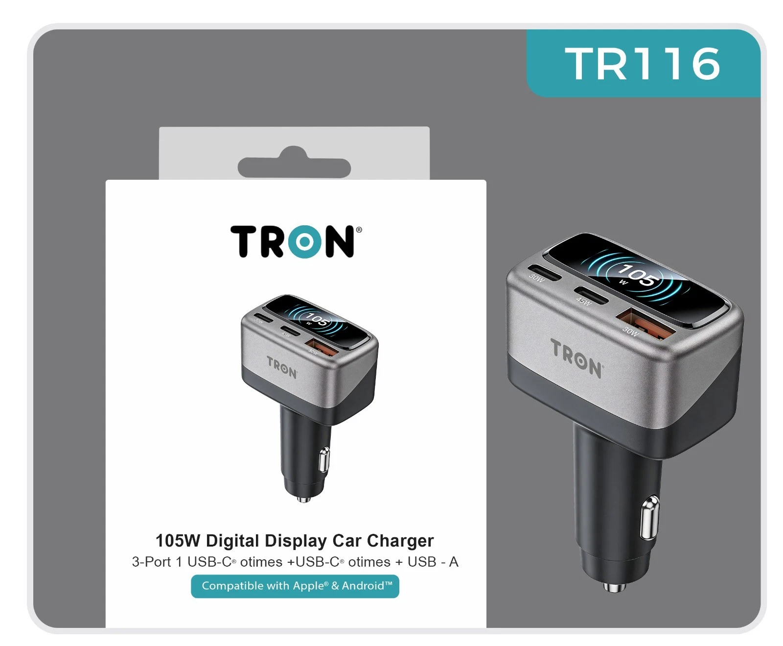 TRON 105W 3-Port Car Charger with Smart TFT Display, USB-C & USB-A Fast Charging - product detail image 11