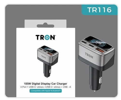 TRON 105W 3-Port Car Charger with Smart TFT Display, USB-C & USB-A Fast Charging image 11