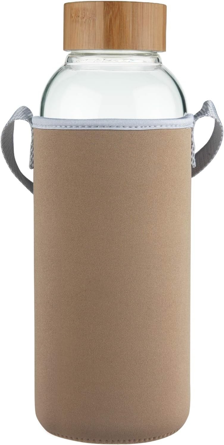 48 oz Sports Borosilicate Glass Water Bottle W/ Bamboo Lid W/ Neoprene Sleeve