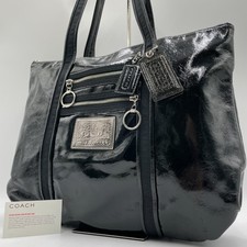 Authentic Coach Tote Bag, Leather, Black, Poppy Design, Shoulder Bag